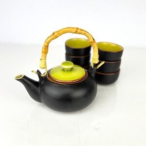 Crackle Glaze Ceramic Black and Chartreuse GreenTea Set‎ with Bamboo Handle 7pc